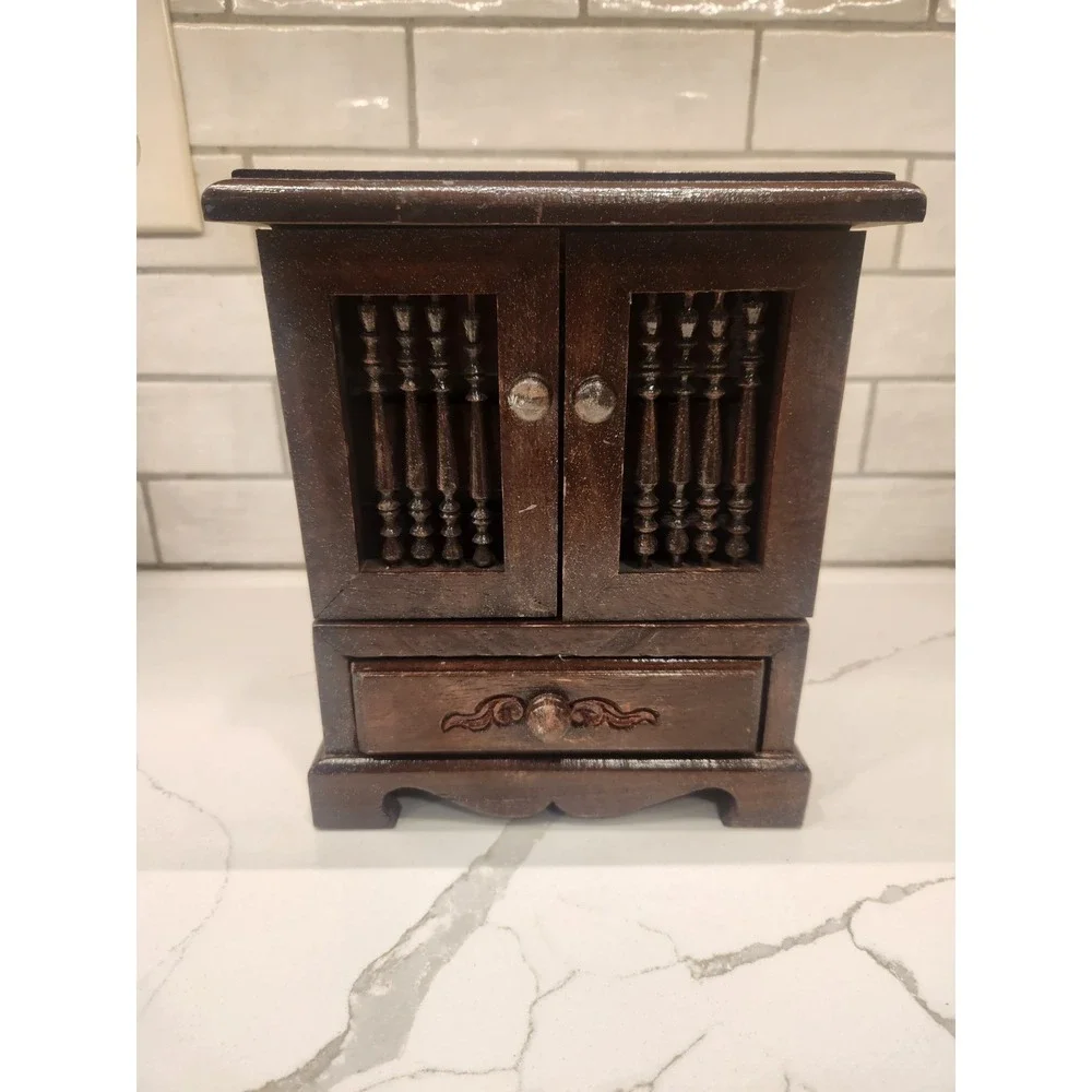 Vintage Wooden Jewelry Cabinet with Magnetic Doors & Multiple Felt Lined Drawers